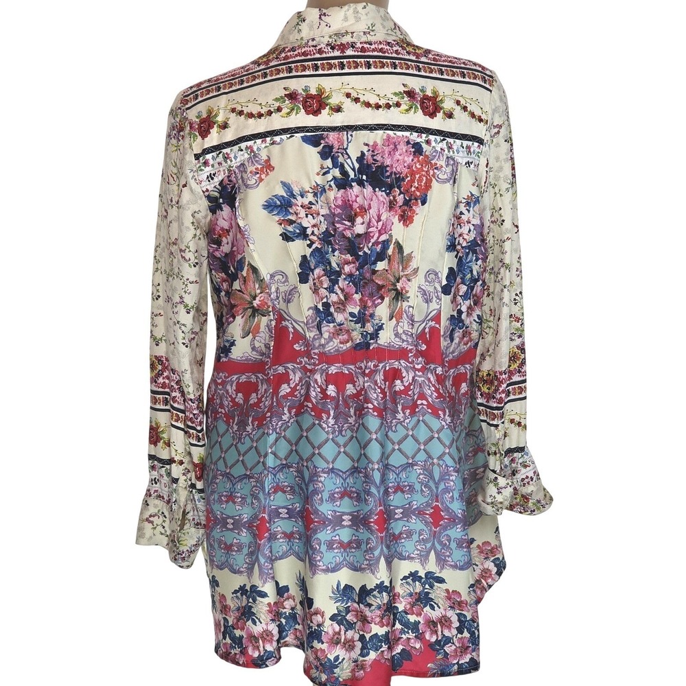 Cyrena Tunic Shirt Womens Small Multicolor Floral Button Front Boho Long Sleeve - Picture 3 of 11